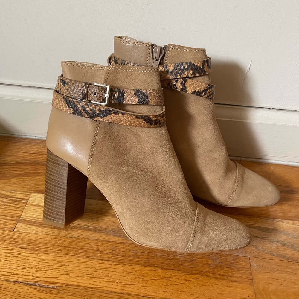 Zara Genuine Suede Tan Ankle Boots with Snakeskin Strap Detail